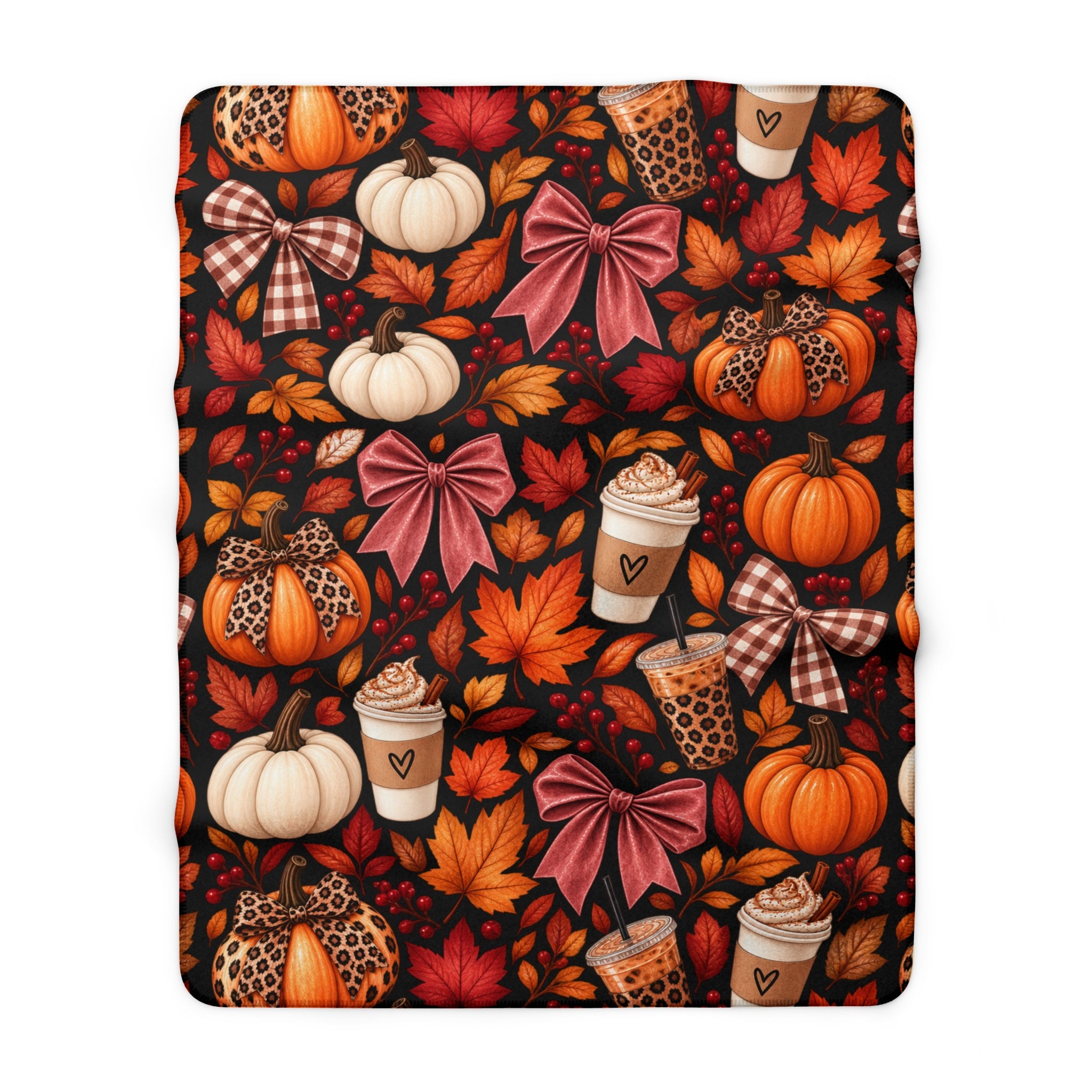 Coquette Pumpkin Spice Sherpa Blanket – Bows, Pumpkins & Fall Leaves